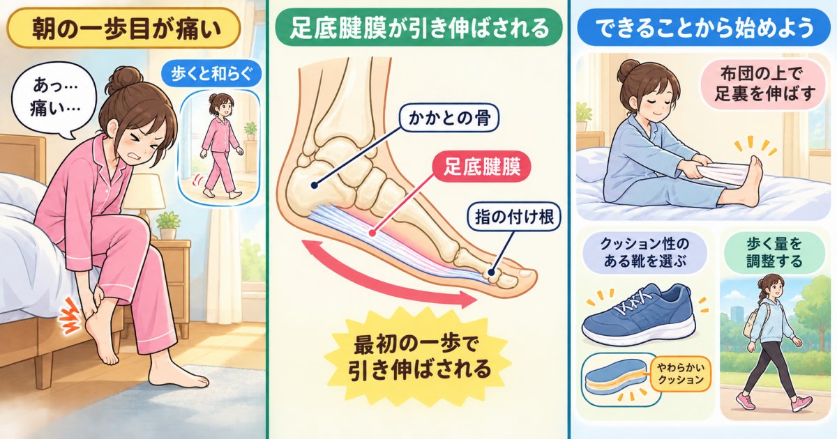 朝の一歩目で足の裏やかかとが痛い原因、足底筋膜炎の特徴と自宅でできる対処法