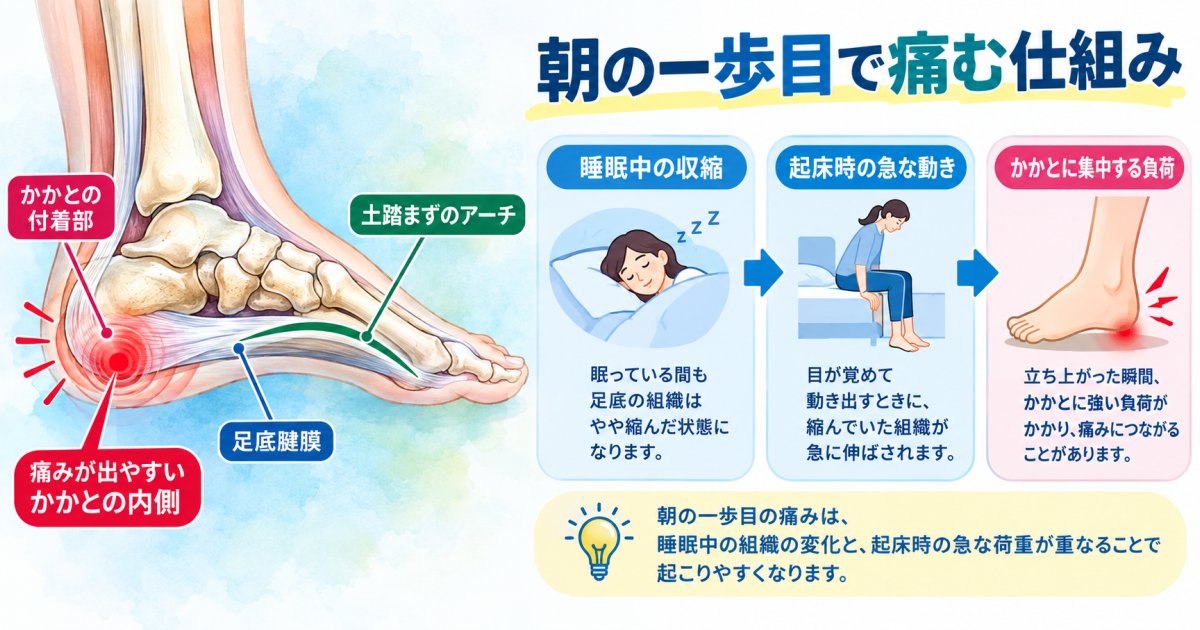 なぜ足底筋膜炎は朝の一歩目だけ強く痛み、歩くと和らぐの?